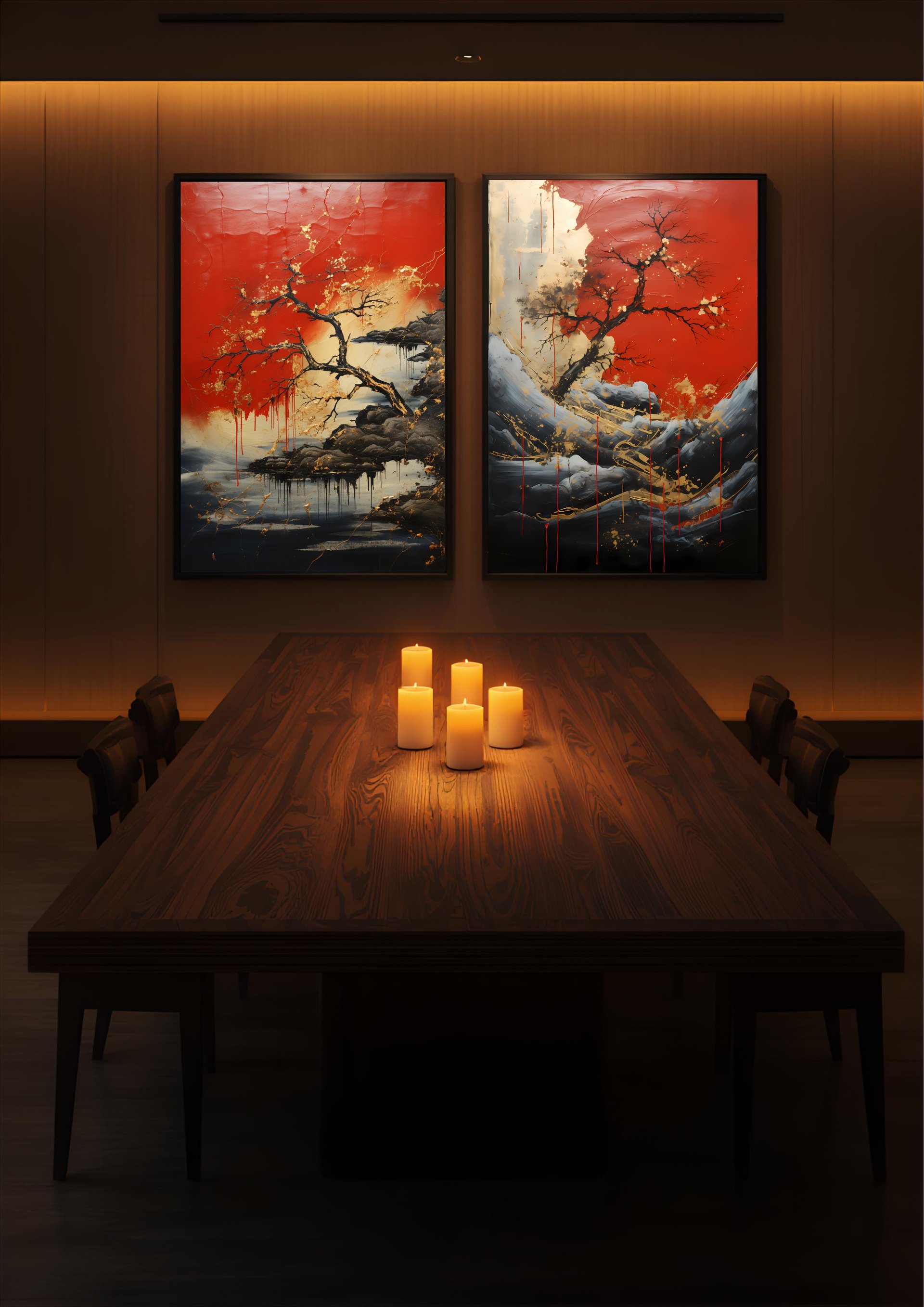 Crimson Tide and Blood Petals KintsugiBo artworks displayed in an elegant mahogany dining room with candlelight