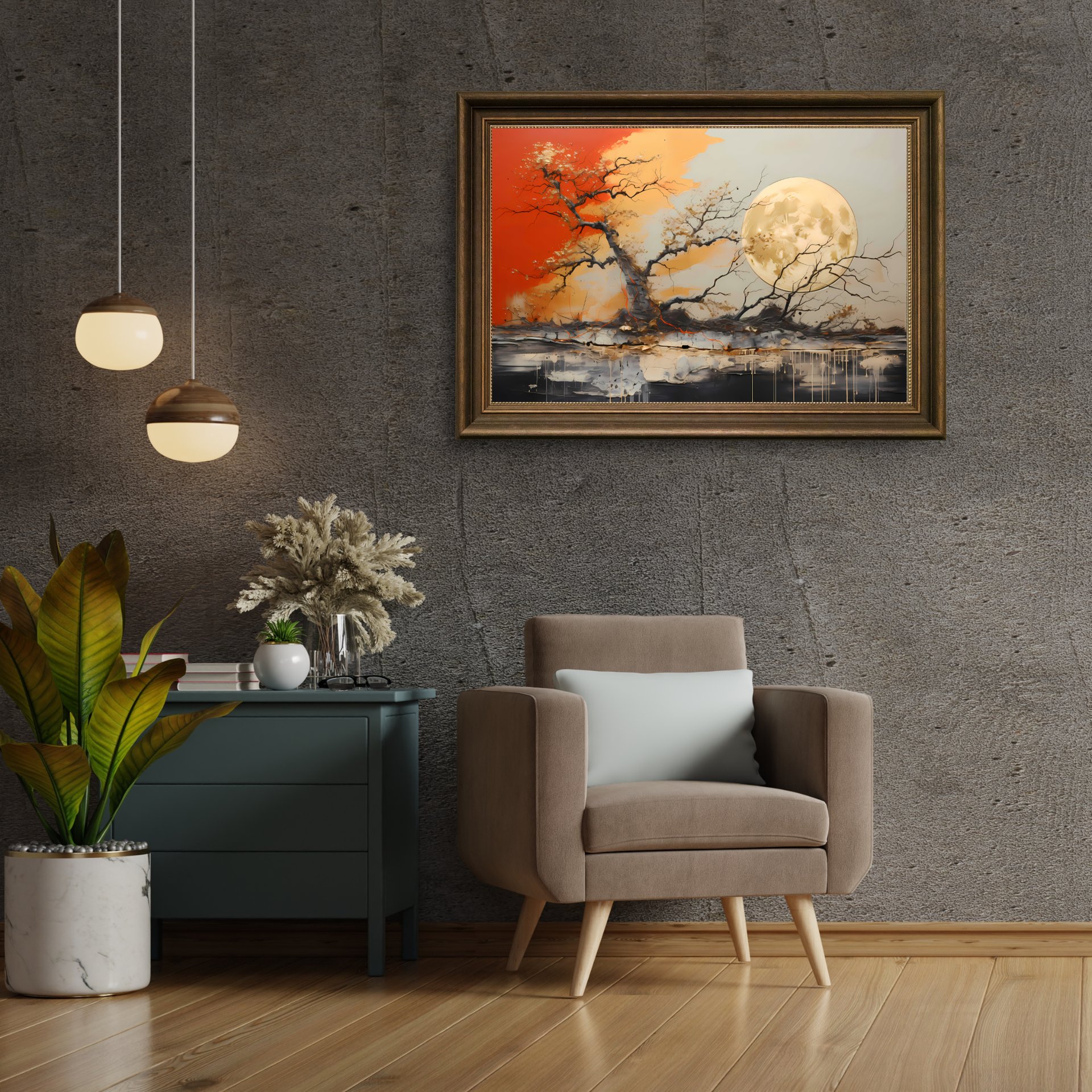 Death of a Dragon KintsugiBo artwork in an ornate gold frame on a gray concrete wall with armchair and pendant lights