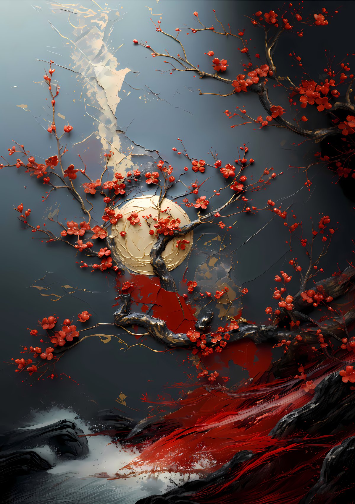 Blood Petals — Crimson petals scatter through fractured darkness — raw beauty suspended between bloom and ruin.