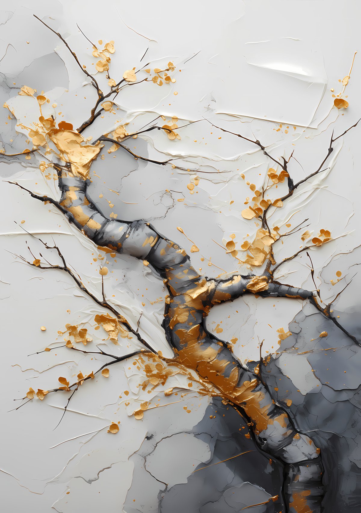 Gilded Veins — A lone branch pushes through fractured space, tender life insisting on itself against a broken world.