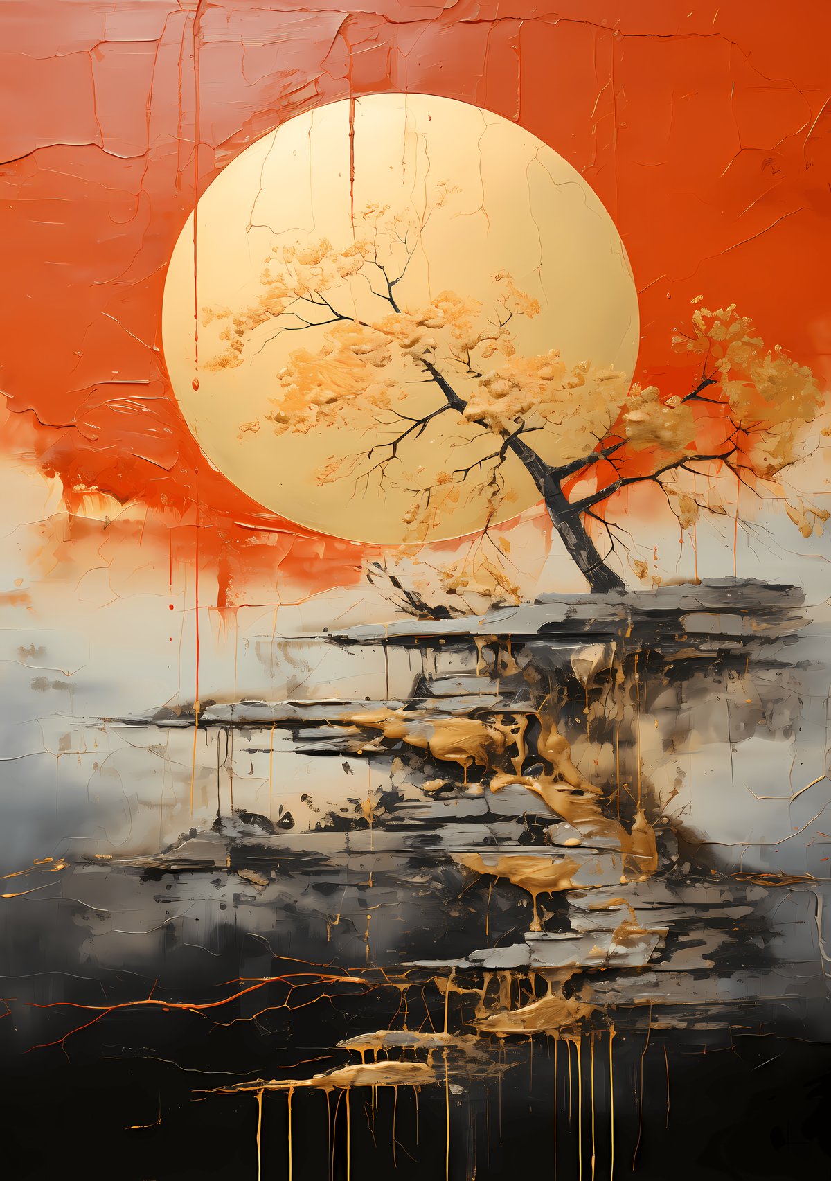 Sunset Perch — Steps of gold ascend through deep shadow — an ancient path upward, luminous with quiet purpose.