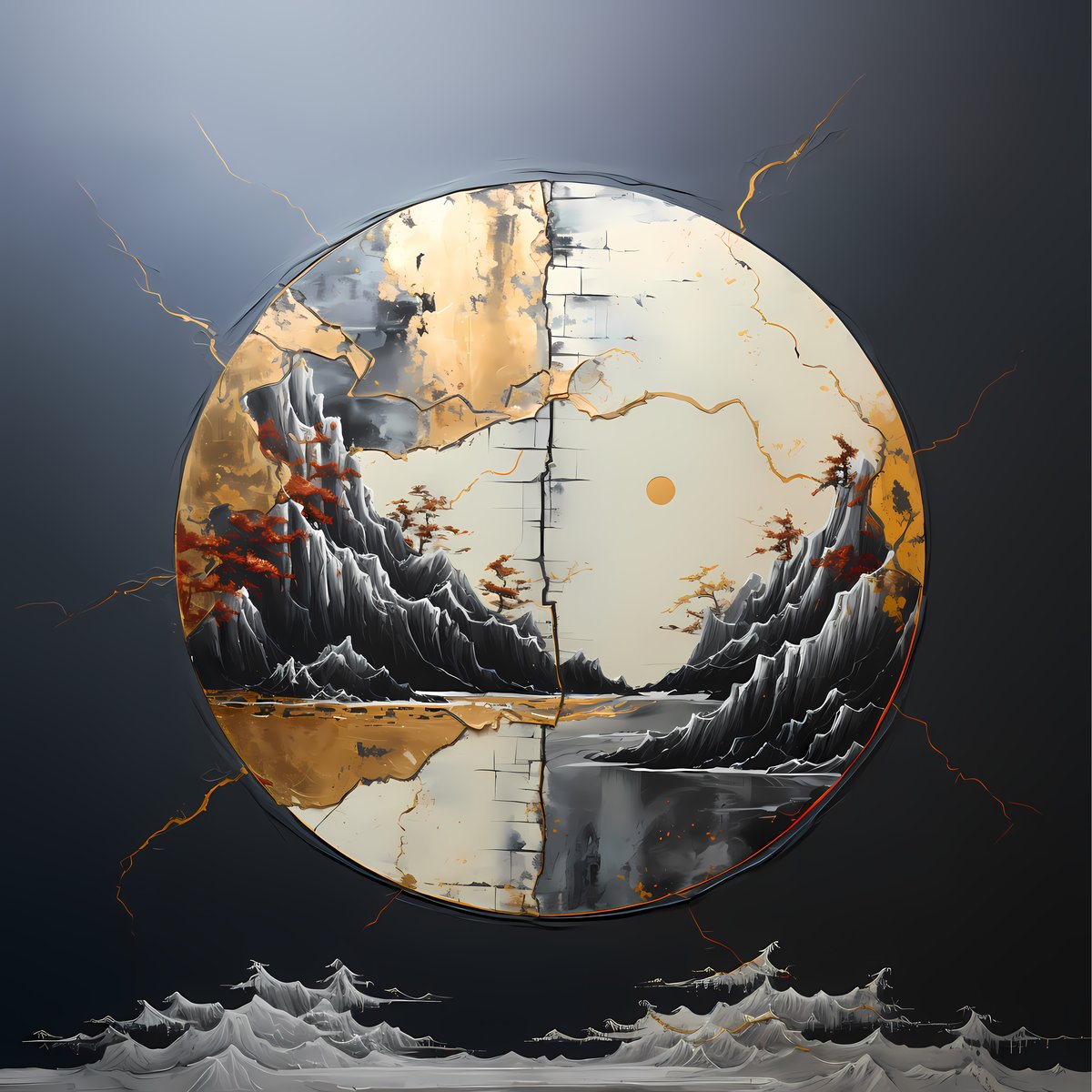 Mountain Valley — A valley rests between ancient peaks, its floor veined with gold where the earth has opened and been filled.