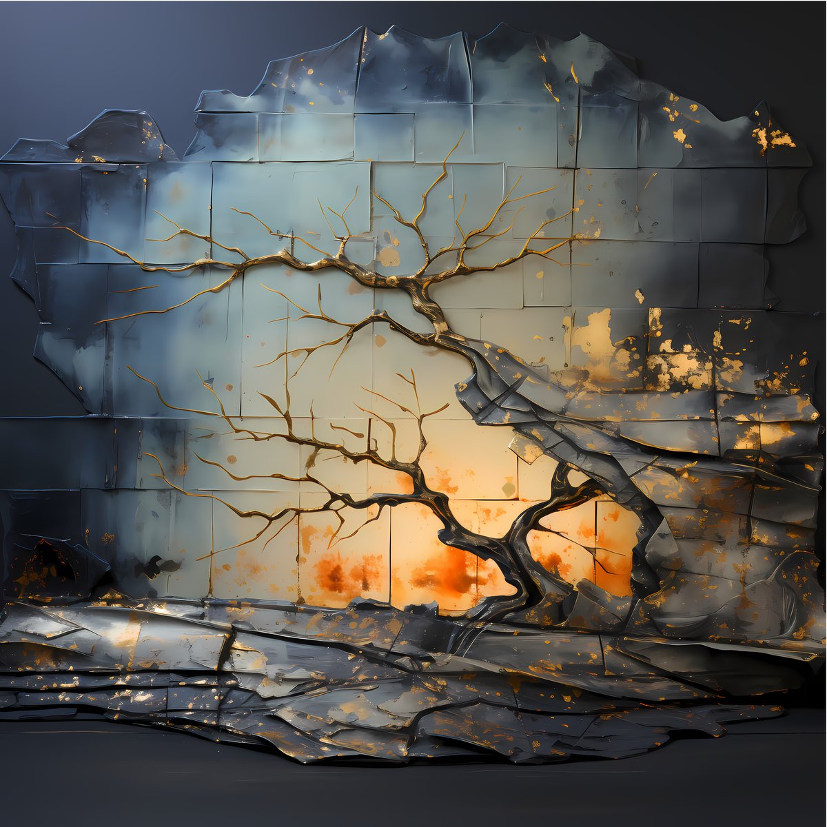 Roots of Dawn — Roots push through fractured earth in vivid orange and amber — life reaching down as much as it reaches up.